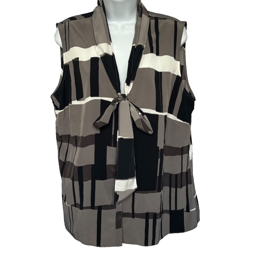 Ellen Tracy Blouse Top Sleeveless Tie Neck Size 18 Secretary Black Gray Whit